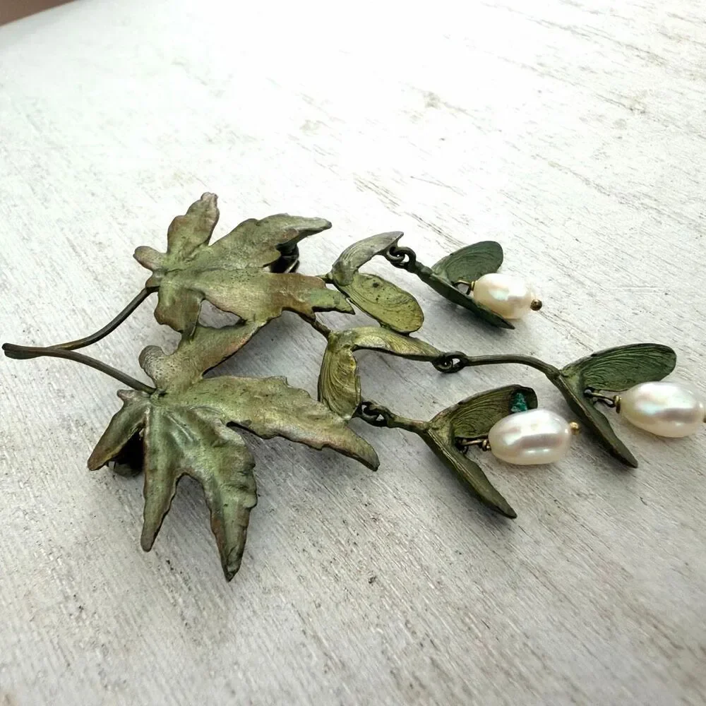 Michael Michaud Japanese Maple Leaf Freshwater Pearl Bronze Brooch